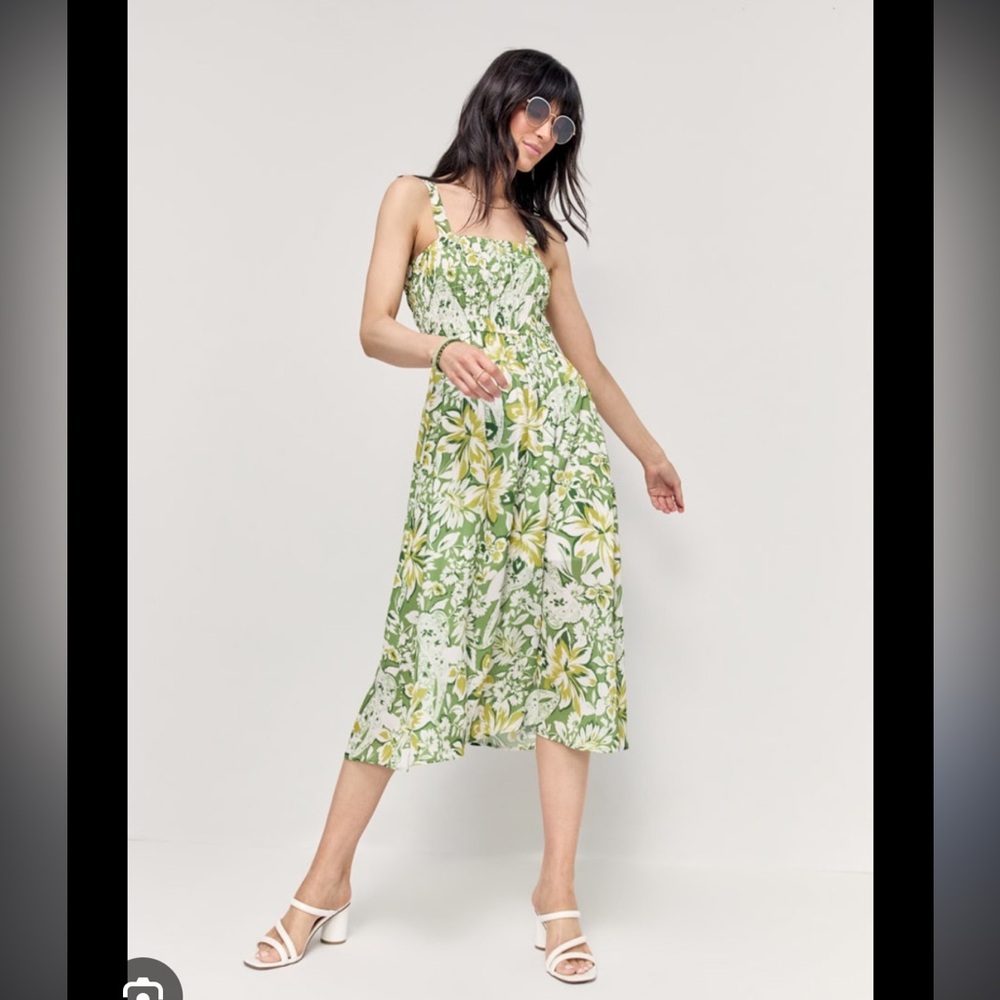 Smocked Midi Dress Green Retro Floral